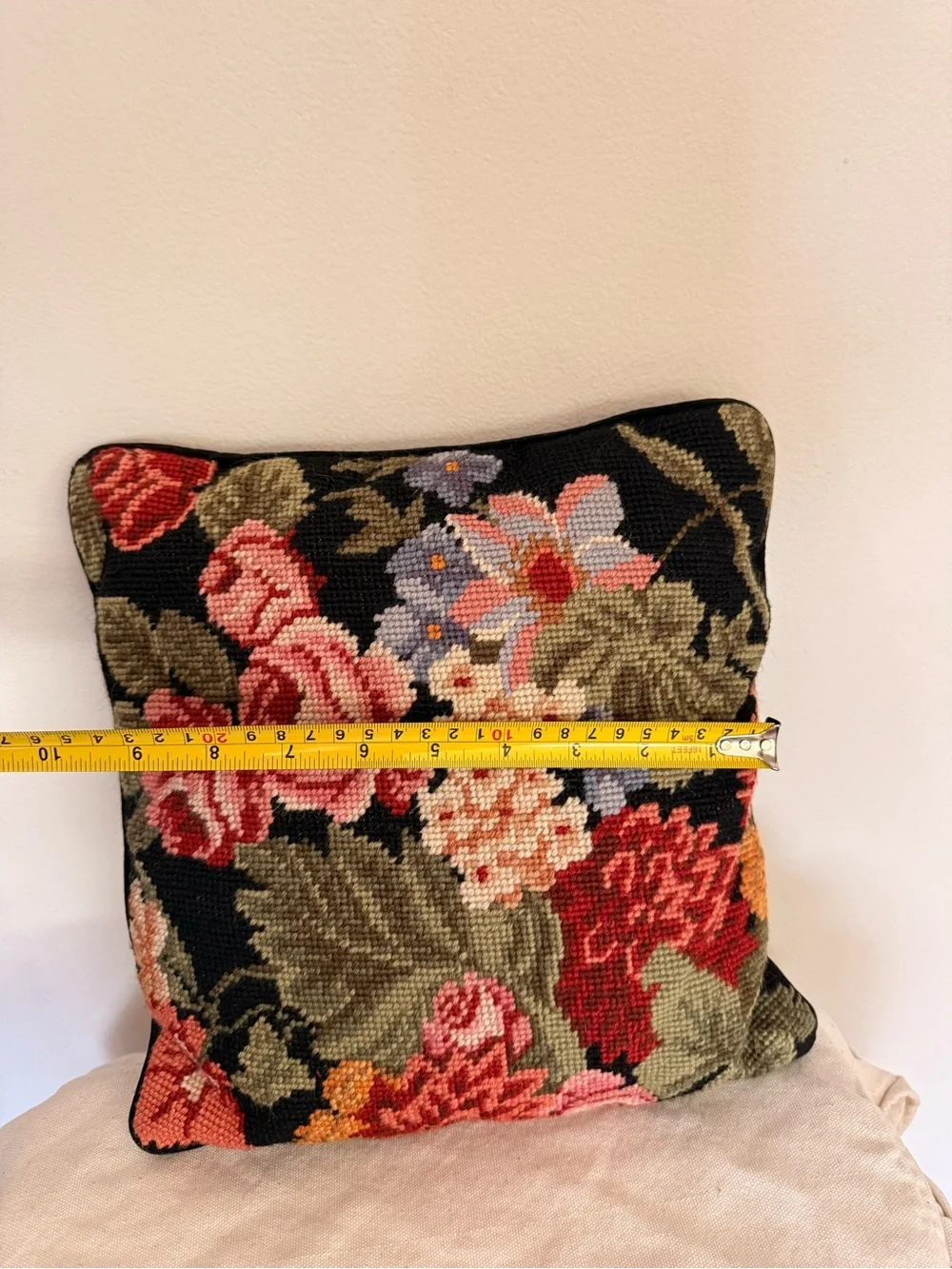 Floral Needlepoint throw pillow in Pink, Red, Blue, and Green cottage core